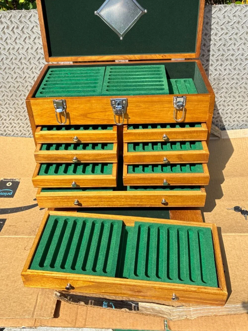 8 Drawer Hard Wood Tool Chest Storage Box Cabinet Felt Lined Machinists Chest